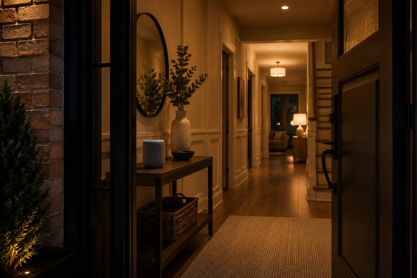 Warm entry hallway lighting up in welcome