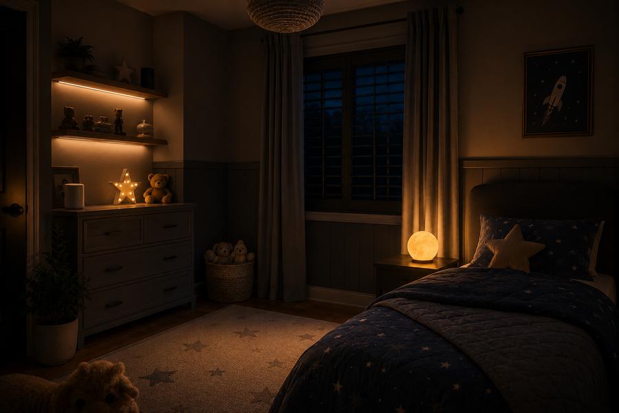 Smart bedroom lighting dimmed softly for bedtime, automated by time of day